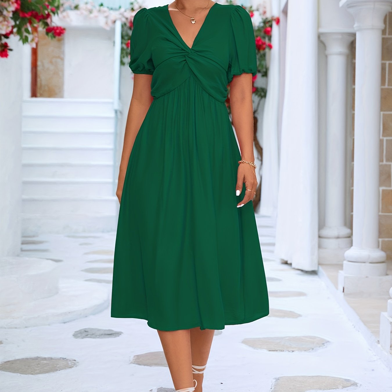 「lovevop」Solid Twisted Dress, V Neck Short Sleeve Dress, Casual Every Day Dress, Women's Clothing