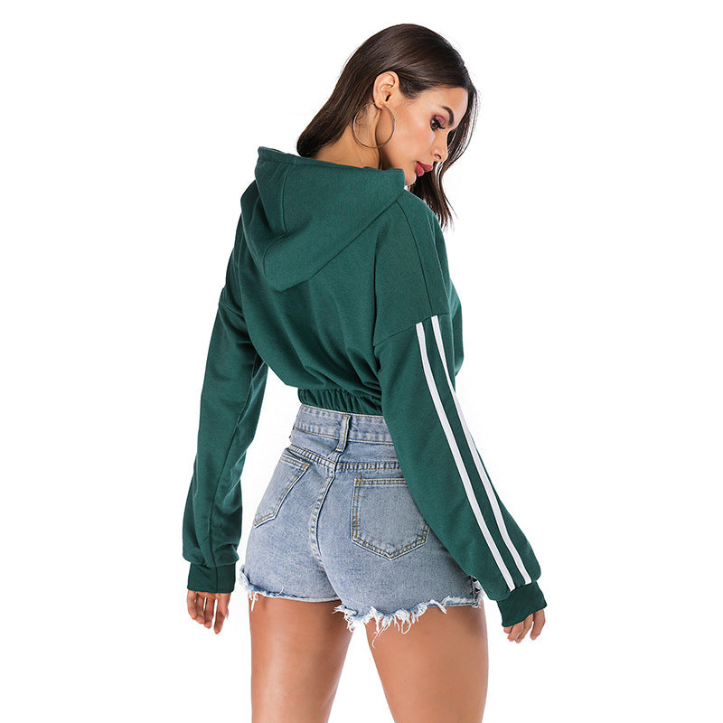 LOVEVOP New popular autumn 2025 women's clothing sports striped green short long-sleeved hooded navel sweater women