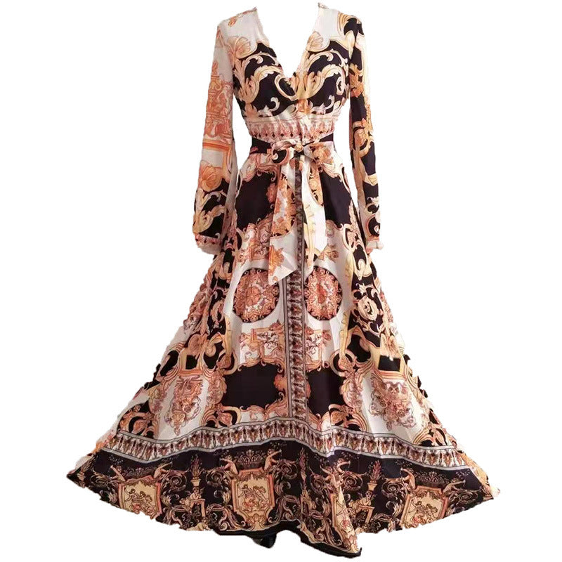 2025 New New evening dress 2025 printed dress V-neck pullover retro long-sleeved big swing split long dress