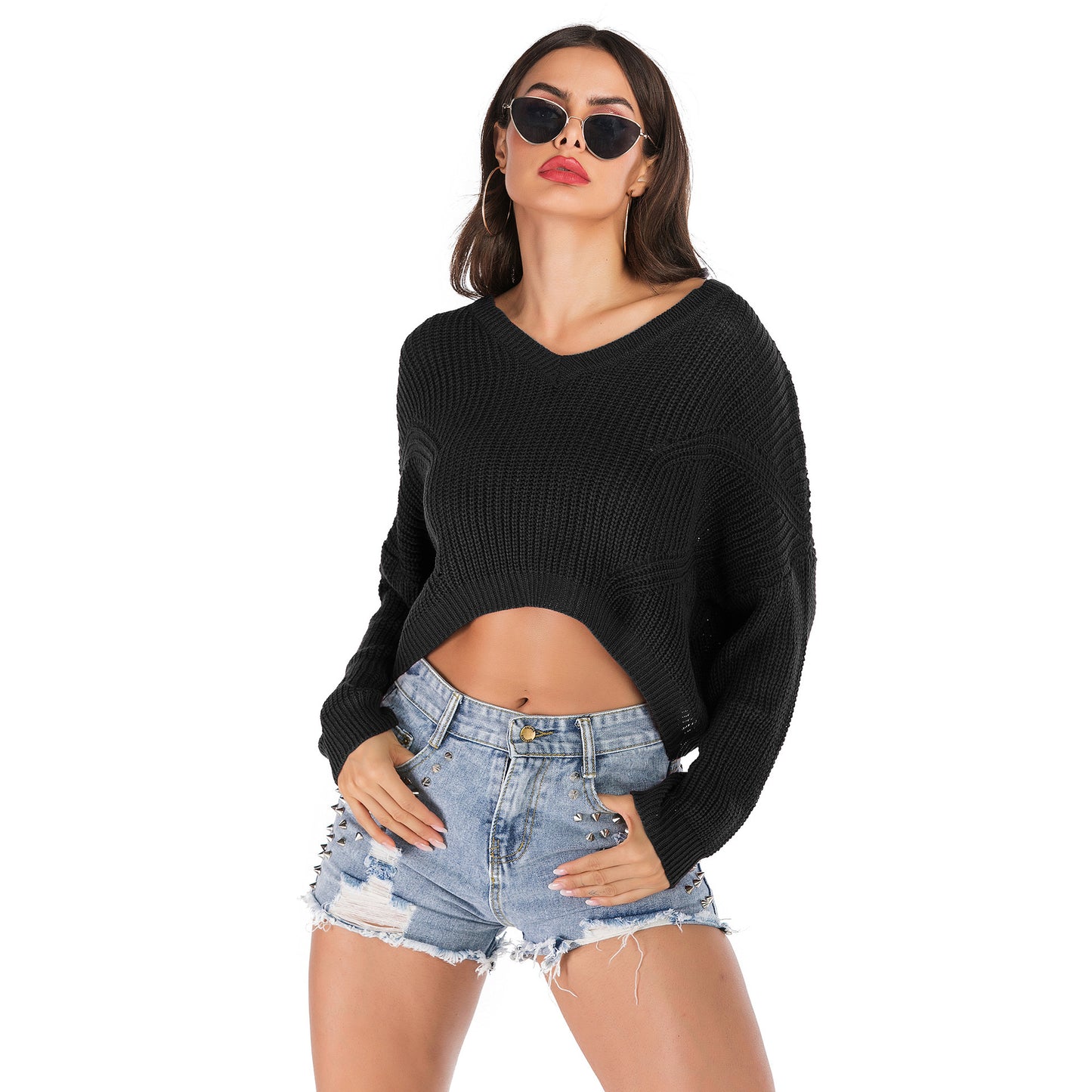 LOVEVOP Popular trade popular autumn and winter , and irregular V-neck pullover short navel knitted sweater women