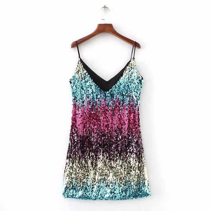 summer New women's clothing new wish dress sleeveless sexy short skirt sequined V-neck suspender short skirt