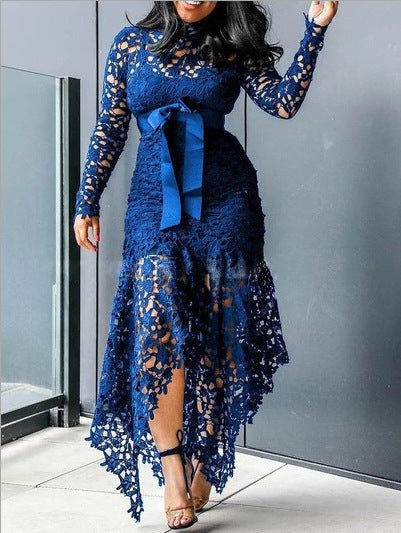 2025 new 2025 Popular trade women's clothing wish lace hollow long-sleeved stand-up collar lace-up 5-color irregular dress