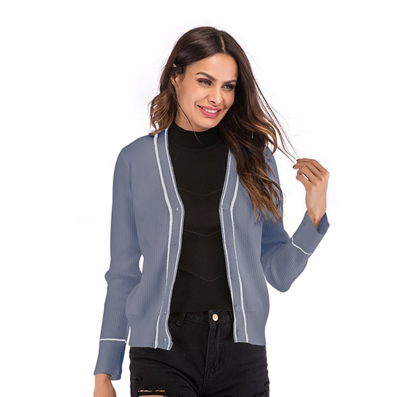 LOVEVOP Hot autumn and winter new V-neck fashion contrasting cardigan knitted striped sweater jacket cardigan women