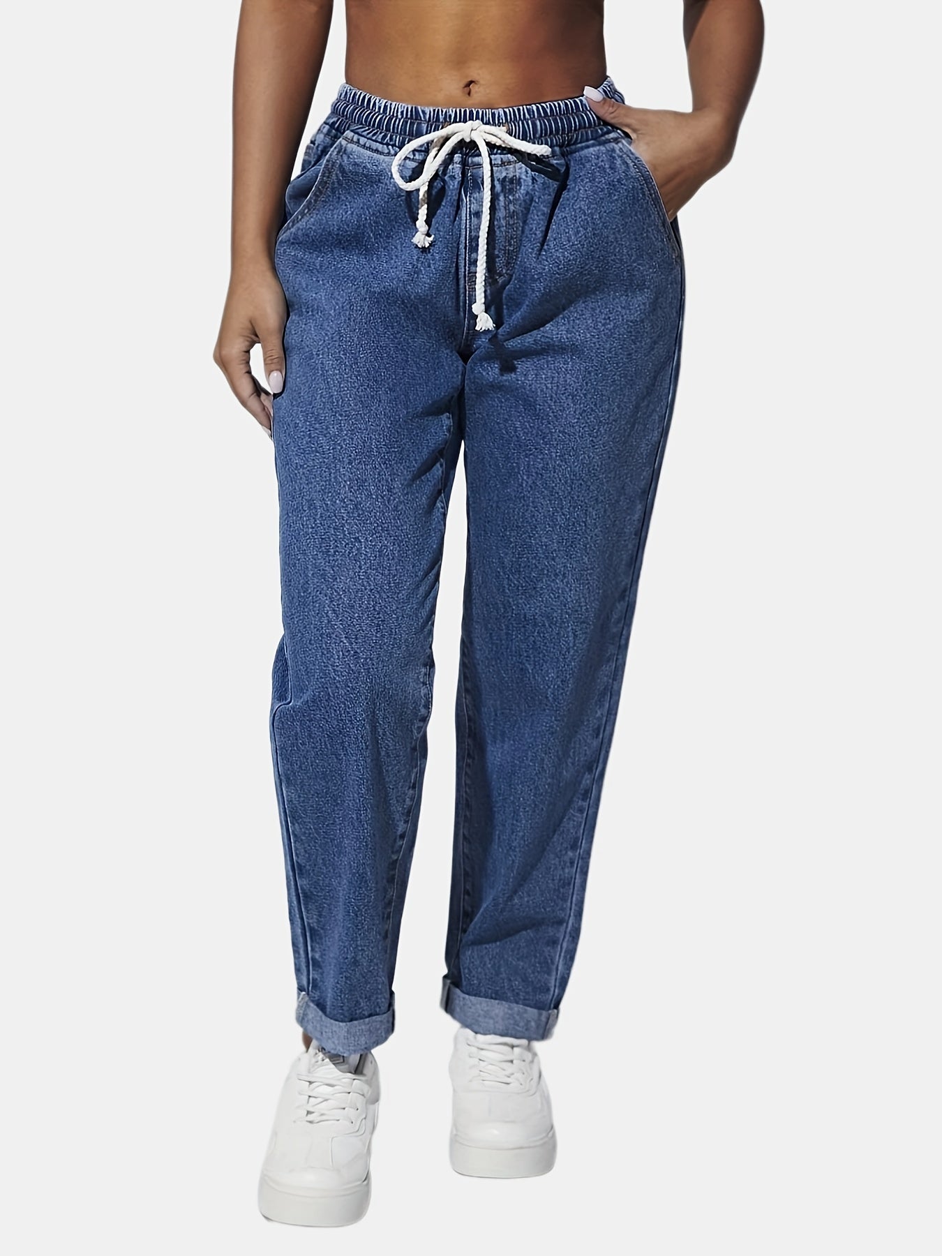 「lovevop」Blue Elastic Waist Straight Jeans, Loose Fit Slash Pockets Drawstring Denim Pants, Women's Denim Jeans & Clothing