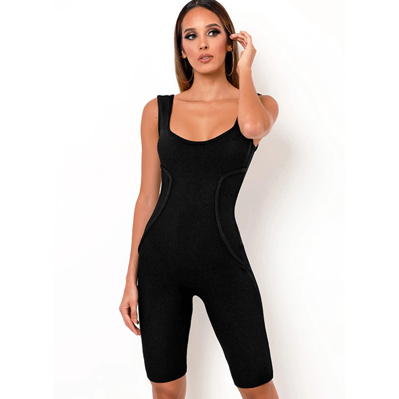 2025 women's clothing sexy INS style summer new hot-selling solid color pure cotton U-neck backless threaded long-sleeved jumpsuit