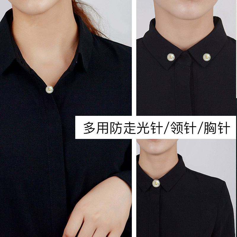 2025 Korean version of clothing fashion summer collar pin zircon mother shell suit spike needle women's personalized shirt anti-light brooch
