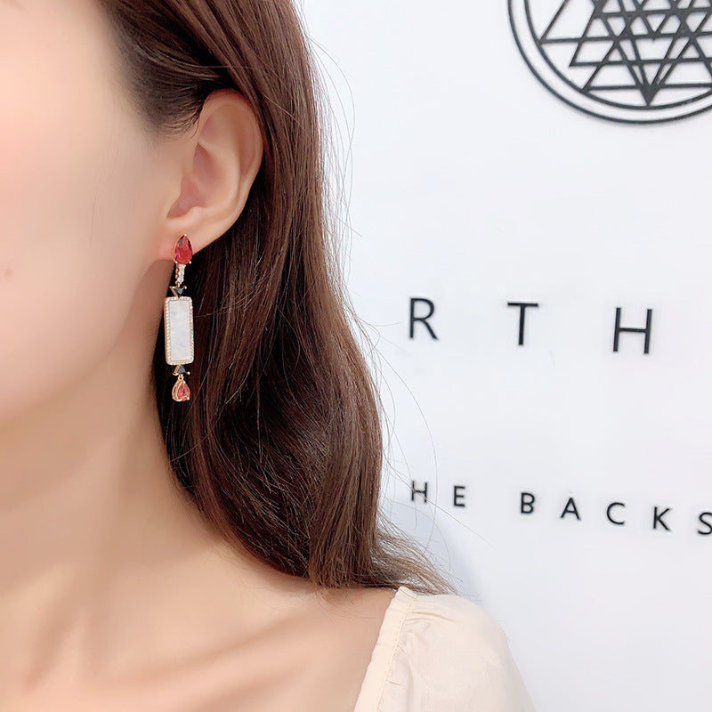 2025 new earrings S925 silver needle rectangular fritillary geometric earrings women's retro water drop zircon earrings