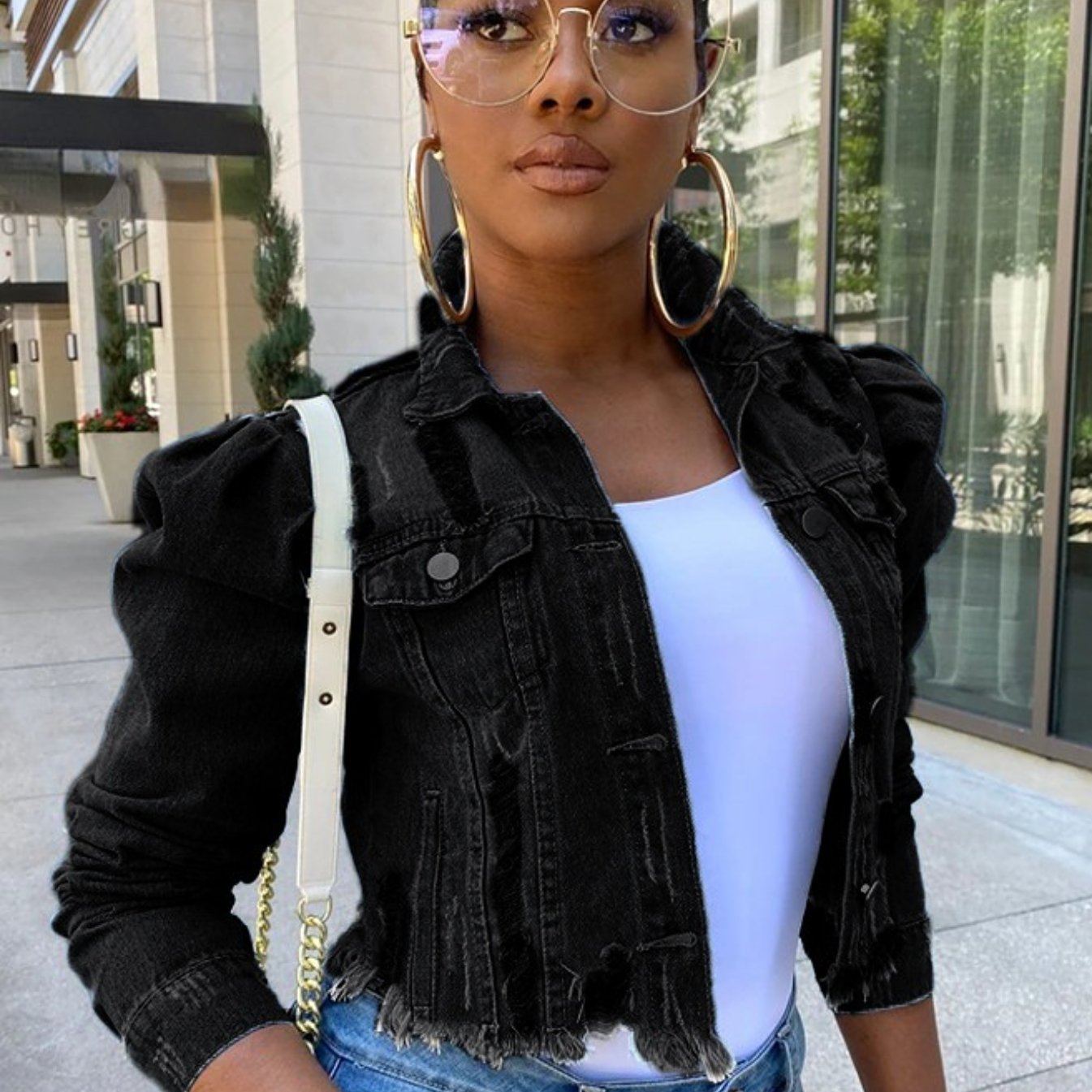 Lovevop-Ripped Denim Jacket Casual Long Puff Sleeve Button Down Cropped Jean Coats, Women's Denim Jackets & Coats