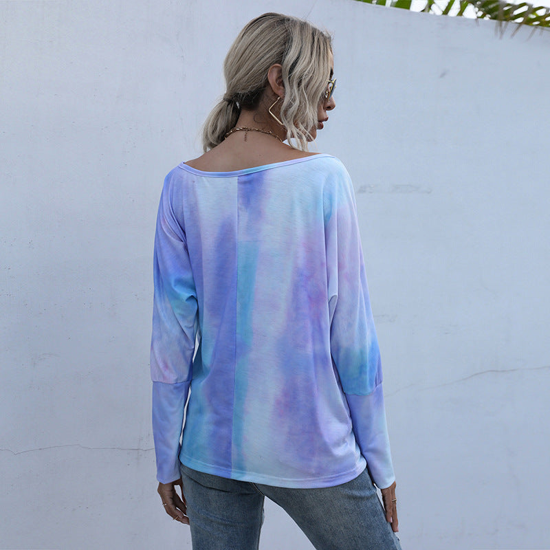 LOVEVOP Cross-border Hot Trade Popular, 2025, Crew Neck Fashion Loose Top Long Sleeve Tie-Dye Bottom Pullover T-Shirt