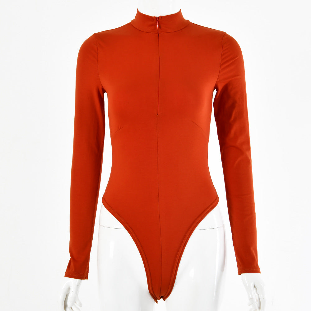 2025 sexy women's clothing autumn and winter hot-selling solid color cotton round neck sexy tight long-sleeved zipper onesie