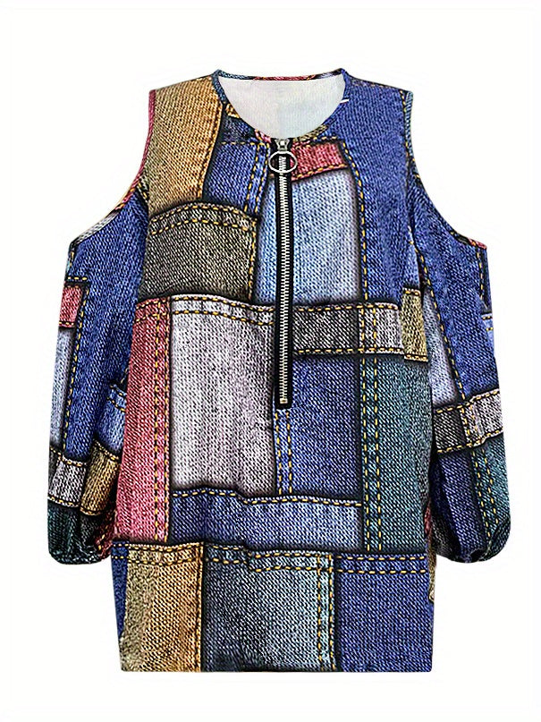 「lovevop」Half Zip Cold Shoulder T-Shirt, Casual Every Day Top, Women's Clothing