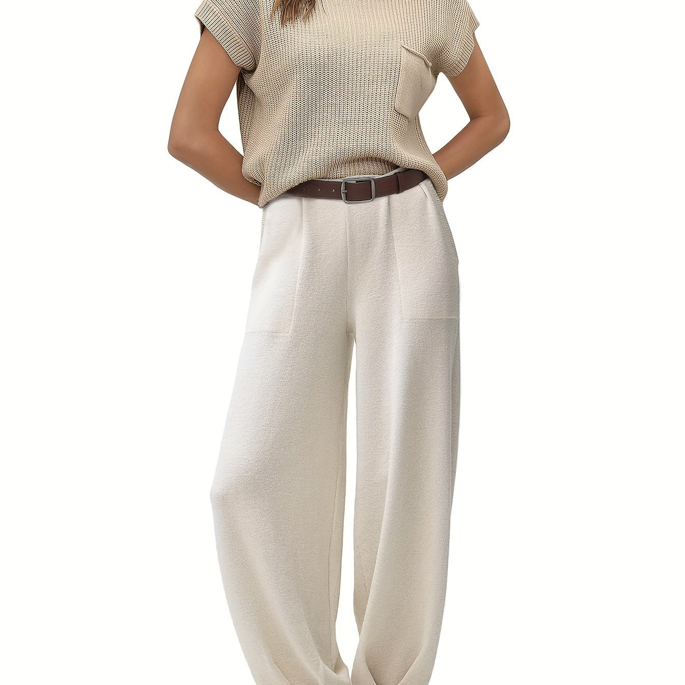 Two-Piece Jogger Pants Set - Soft, Elegant, Short Sleeve Pocket Knit Top & Loose Fit Pants Outfit - Comfortable, Versatile, and Chic Women's Clothing for Everyday Wear