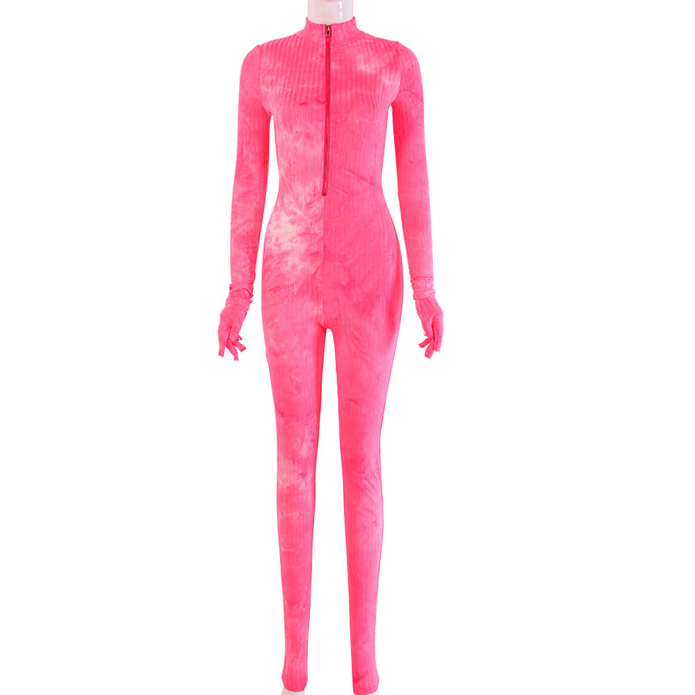 2025 women's clothing summer new tie-dye printing threaded pit strip zipper sexy tight hip lift jumpsuit women