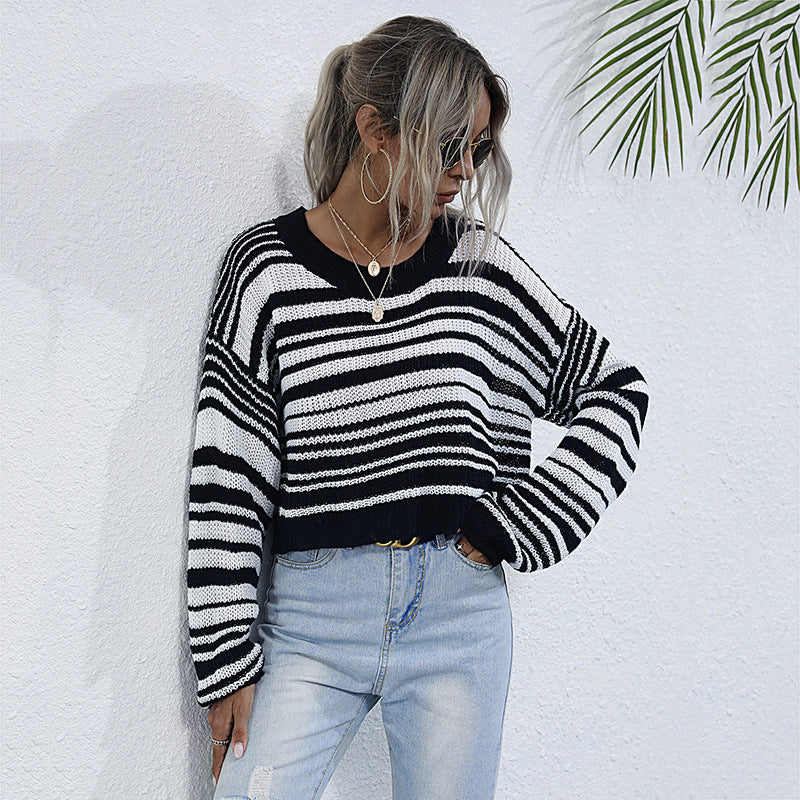 LOVEVOP popular popular autumn and winter hot sale crew neck knitted short striped contrasting sweater women's 2025 jumper women