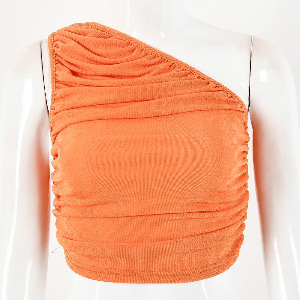 2025 women's clothing spring and autumn fashion shoulder top women's Popular trade sexy sleeveless off-the-shoulder navel chest wrap versatile T-shirt