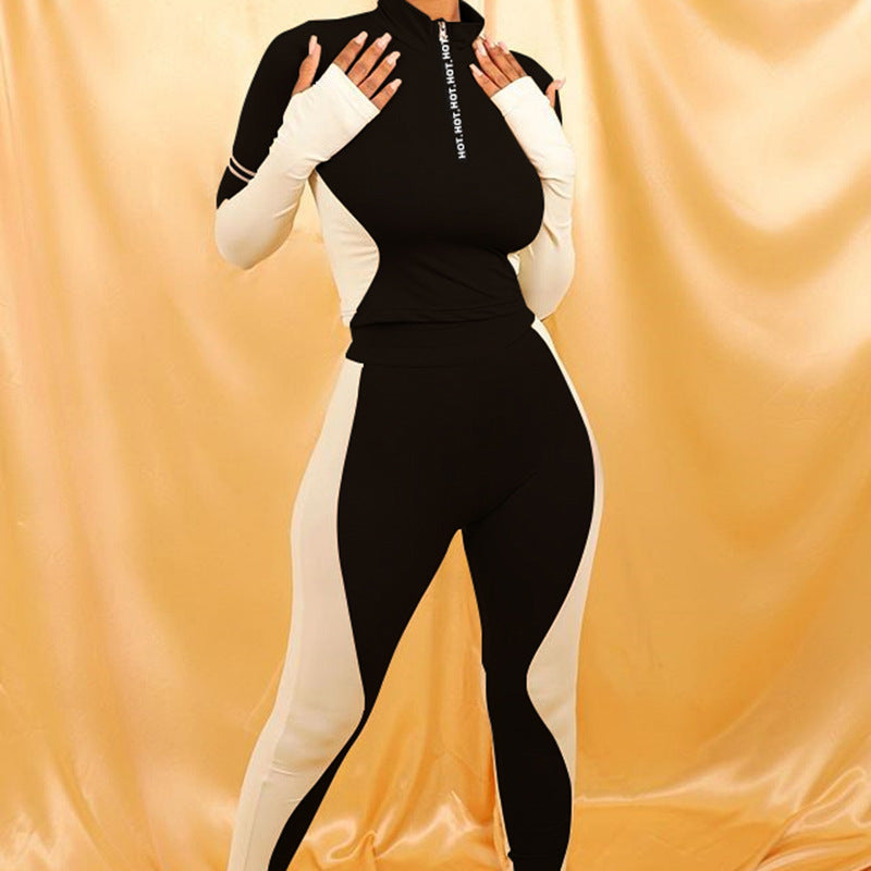 2025 women's clothing spring and autumn new hot-selling contrasting color splicing letter zipper long sleeve sexy high waist top trousers set