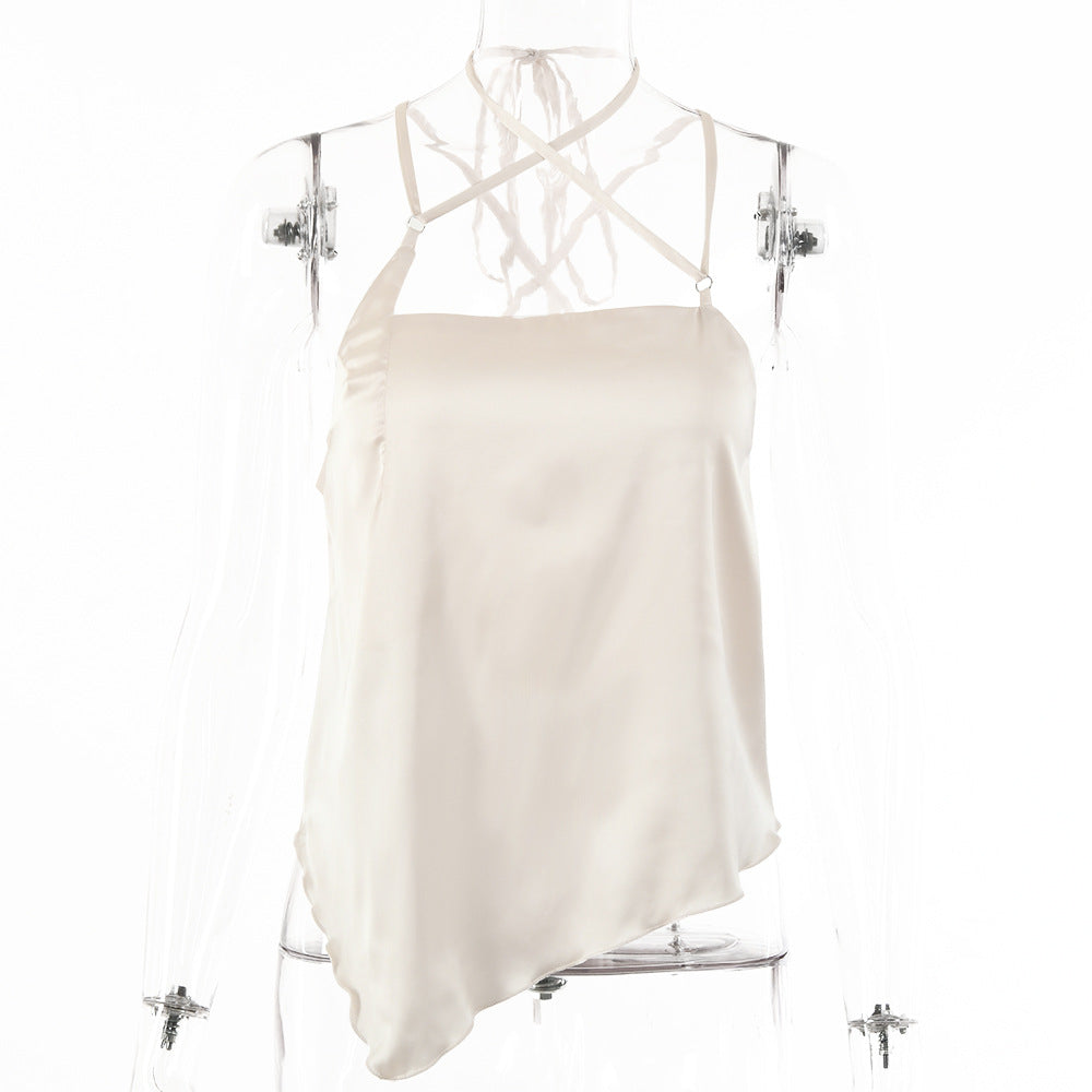 2025 women's clothing summer new Popular trade hot-selling solid color satin chest wrap sexy top strap halter sling