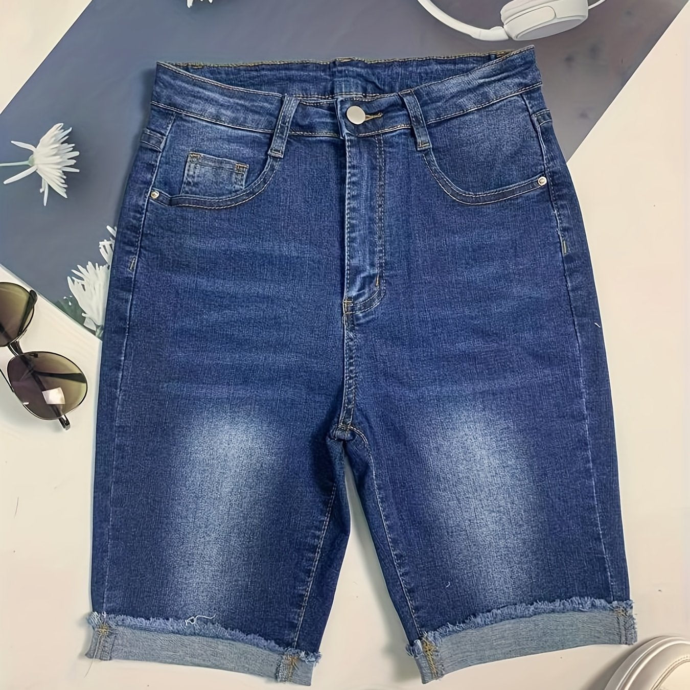 「lovevop」Raw Hem Cuffed Whiskering Denim Shorts, Stretchy Water Ripple Embossed Stretchy Denim Pants, Casual & Stylish, Women's Denim Jeans & Clothing