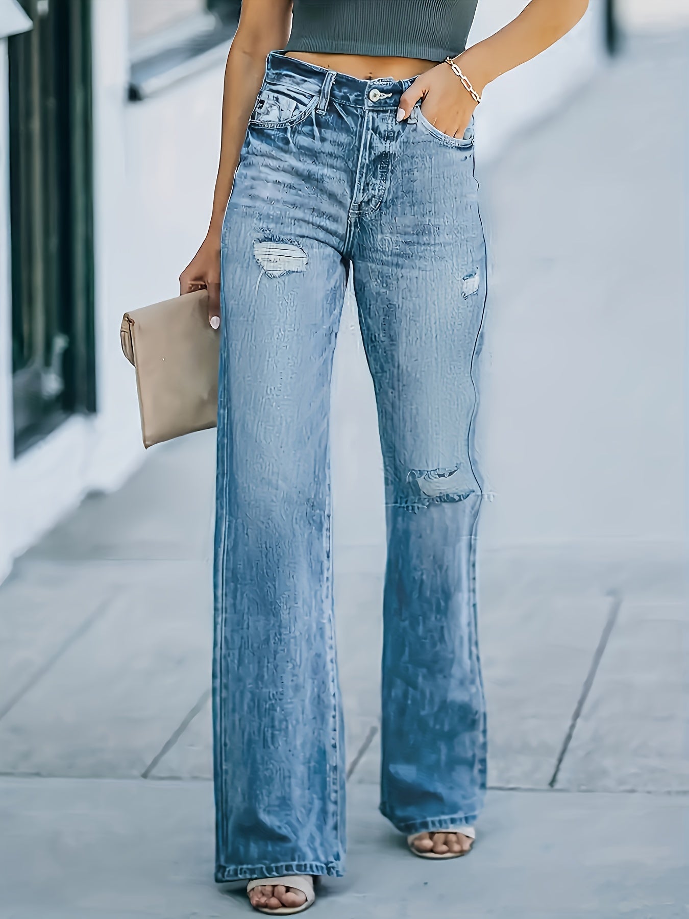 「lovevop」Stretchy Ripped High Waist Straight Jeans, Casual Slash Pockets Button Wide Leg Pants, Women's Denim & Clothing