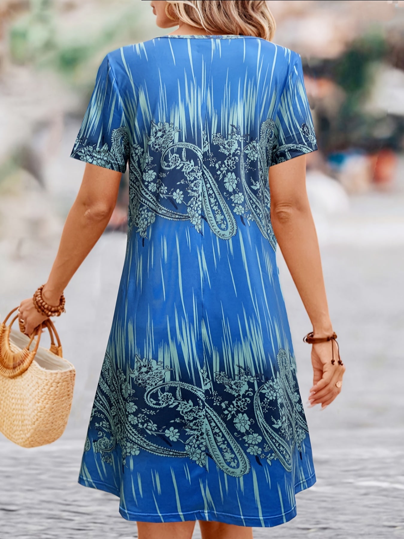 「lovevop」Paisley Print Dress, Casual Crew Neck Short Sleeve Dress, Women's Clothing