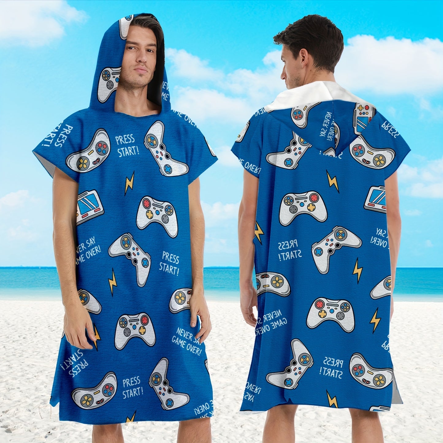 1pc Printed Bathrobe With Hood, Wearable Beach Towel, Microfiber Quick-drying Beach Robe, Suitable For Outdoor, Indoor, Beach, Swimming Pool