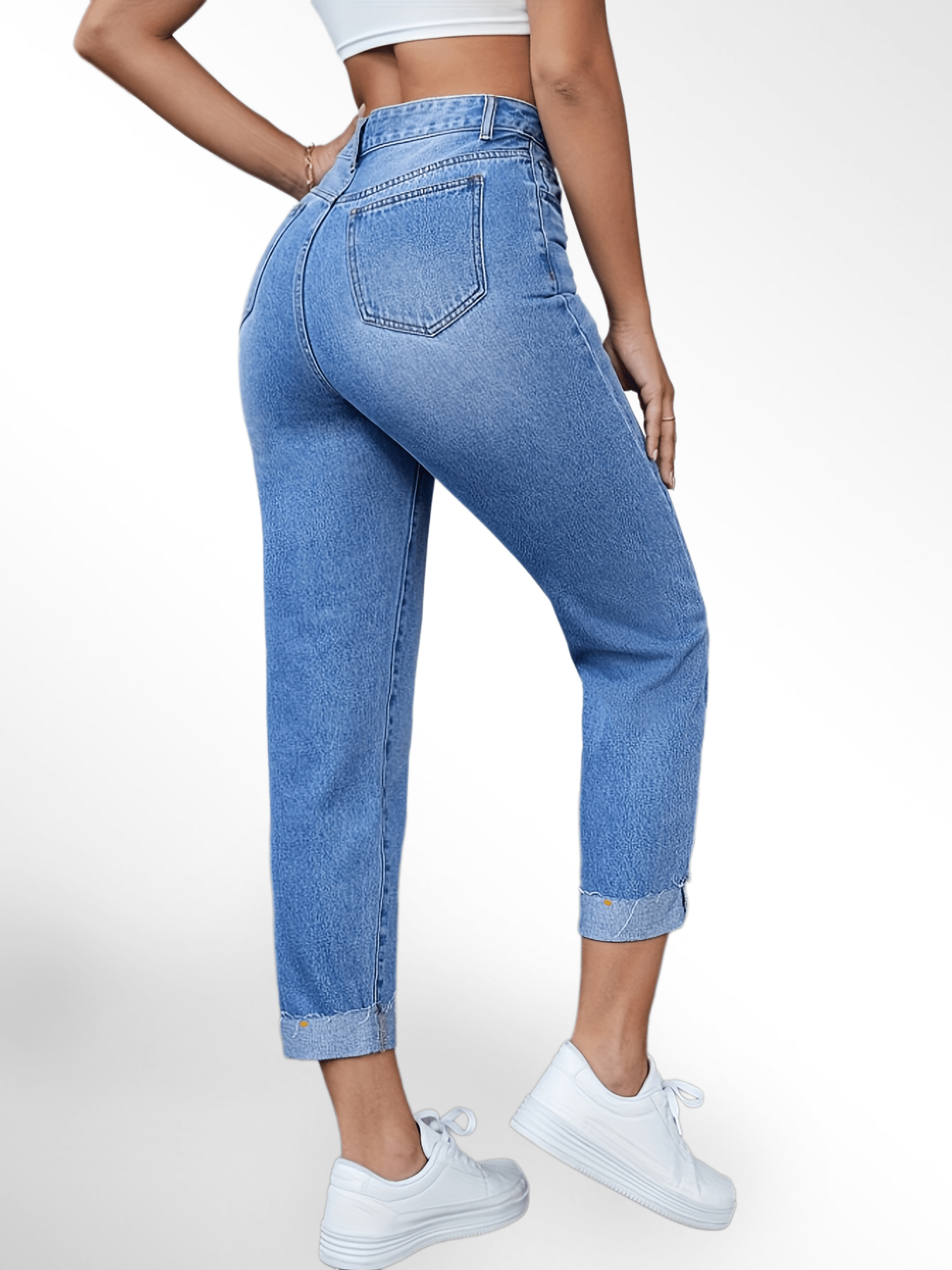 「lovevop」Cuffed Light Wash Blue High Rise Cropped Jeans, Water Ripple Embossed Fayed Trim Denim Pants, Casual & Street Style, Women's Denim Jeans & Clothing