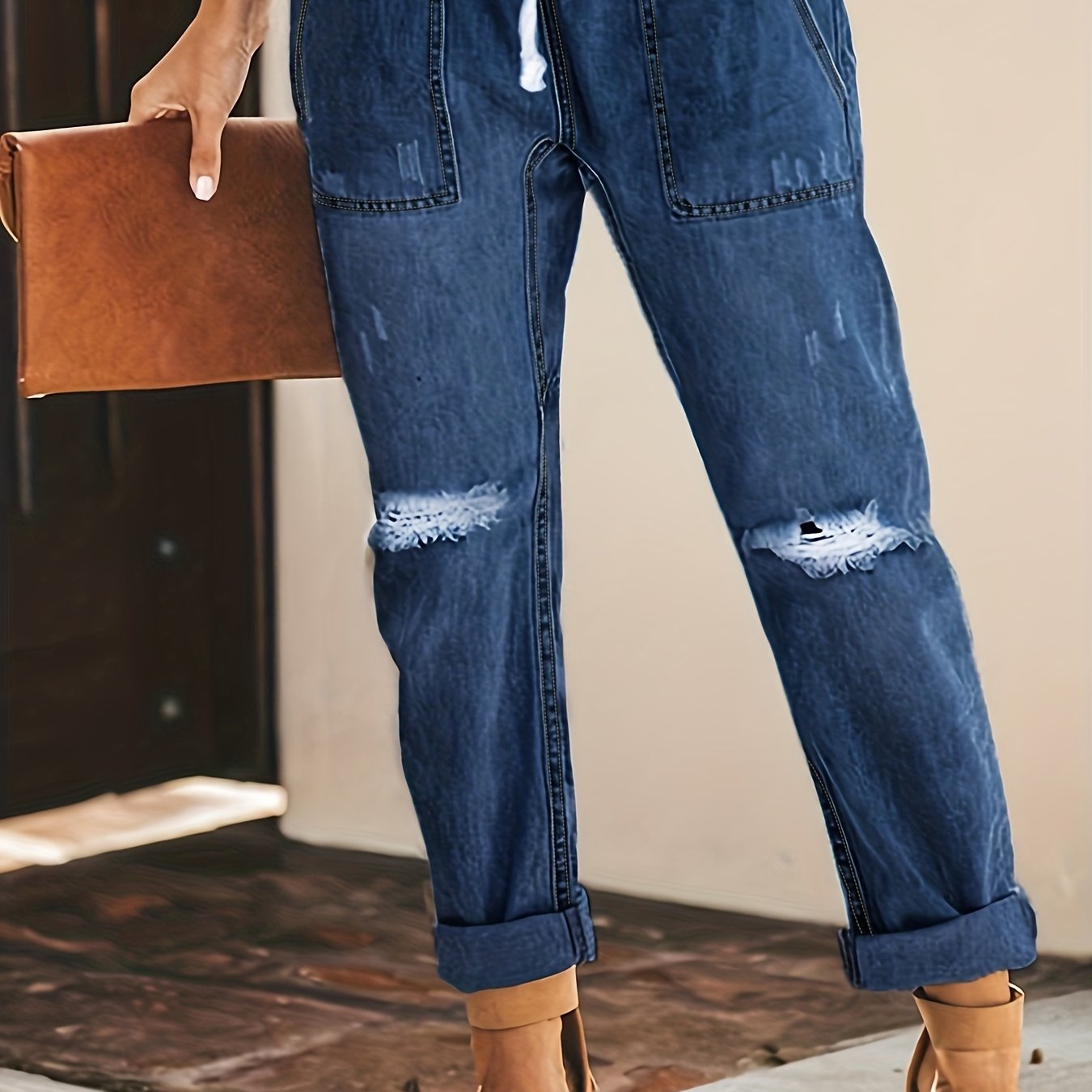 「lovevop」High Waist Drawstring Ripped Jeans, Light Blue Patch Pockets Pants, Women's Denim & Clothing