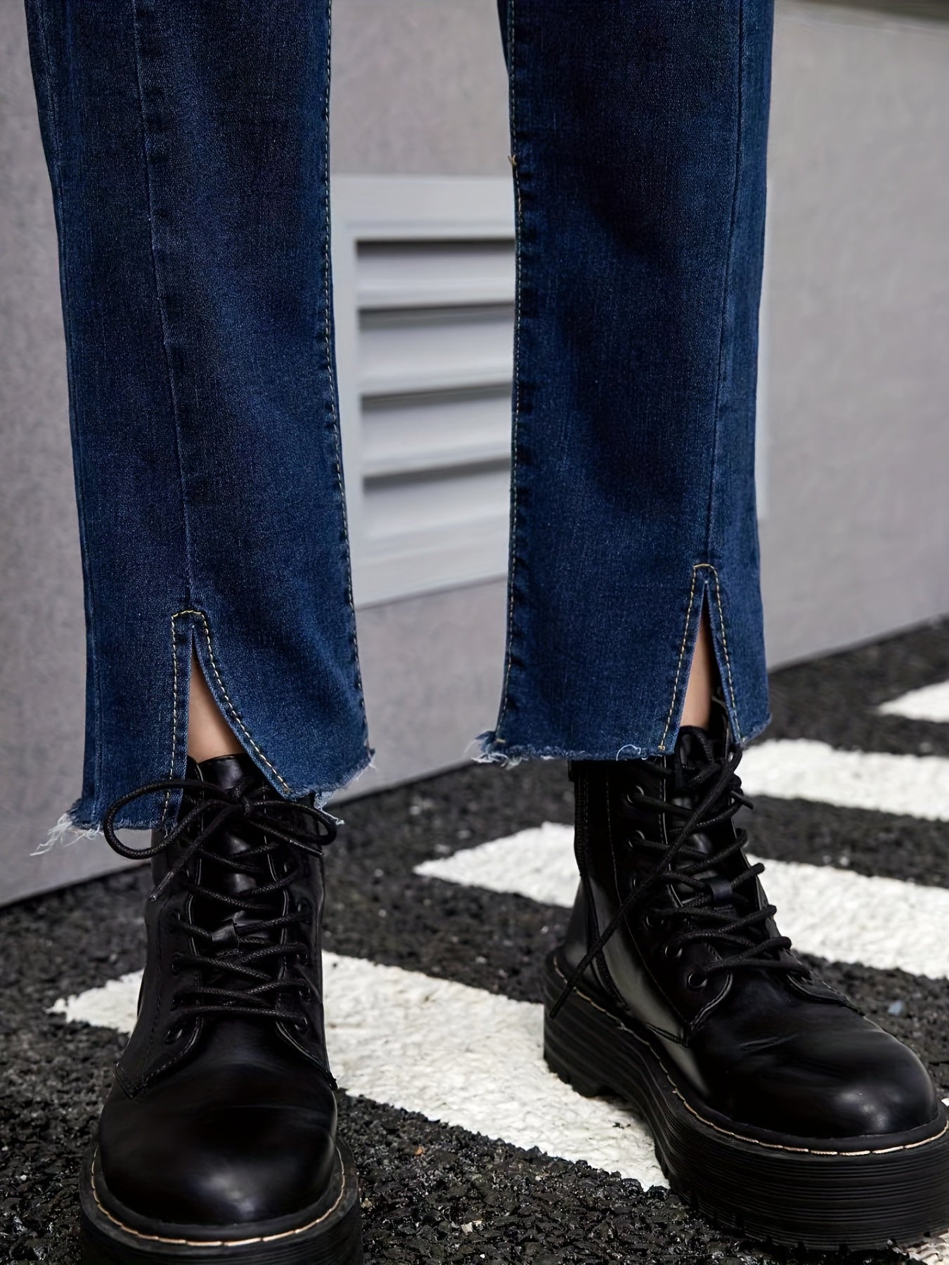 「lovevop」Split Raw Hem High Rise Jeans, High Strech Royal Blue Straight Leg Denim Pants, Women's Denim Jeans & Clothing