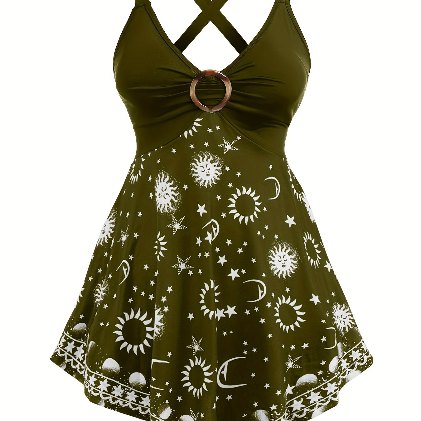 「lovevop」Sun & Moon Print Cross V-neck Tank Top, Casual Fashion Sleeveless Loose Fit Tank Top, Women's Clothing