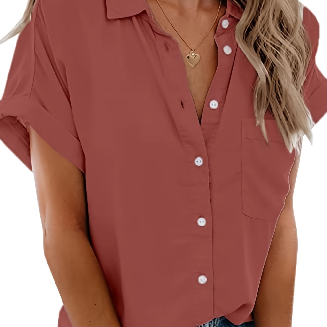 「lovevop」V-neck Loose Lapel Blouses, Casual Button Down Pockets Short Sleeve Fashion Shirts Tops, Women's Clothing