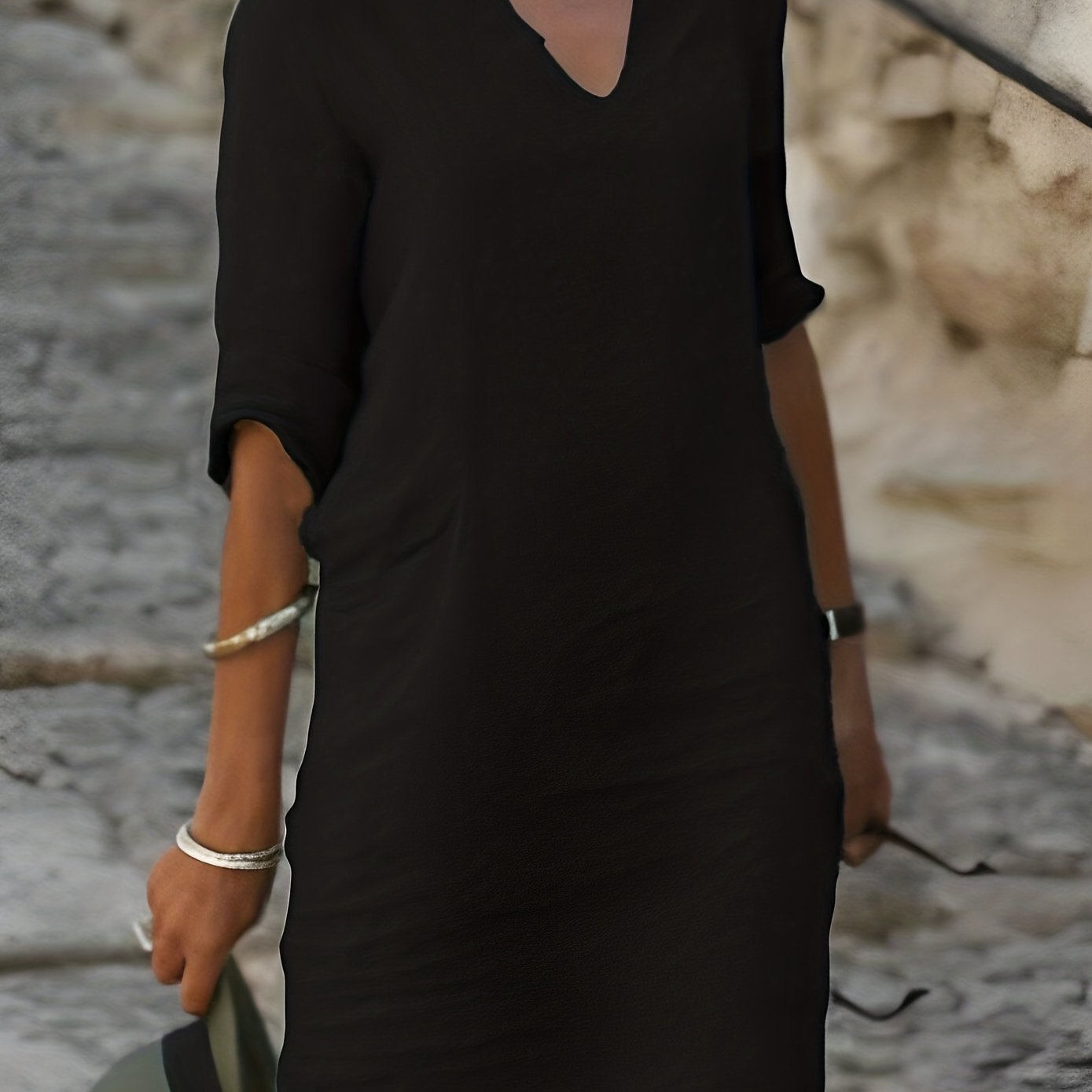 「lovevop」Minimalist Notched Neck 3/4 Sleeve Dress, Casual Solid Knee Length Dress, Women's Clothing