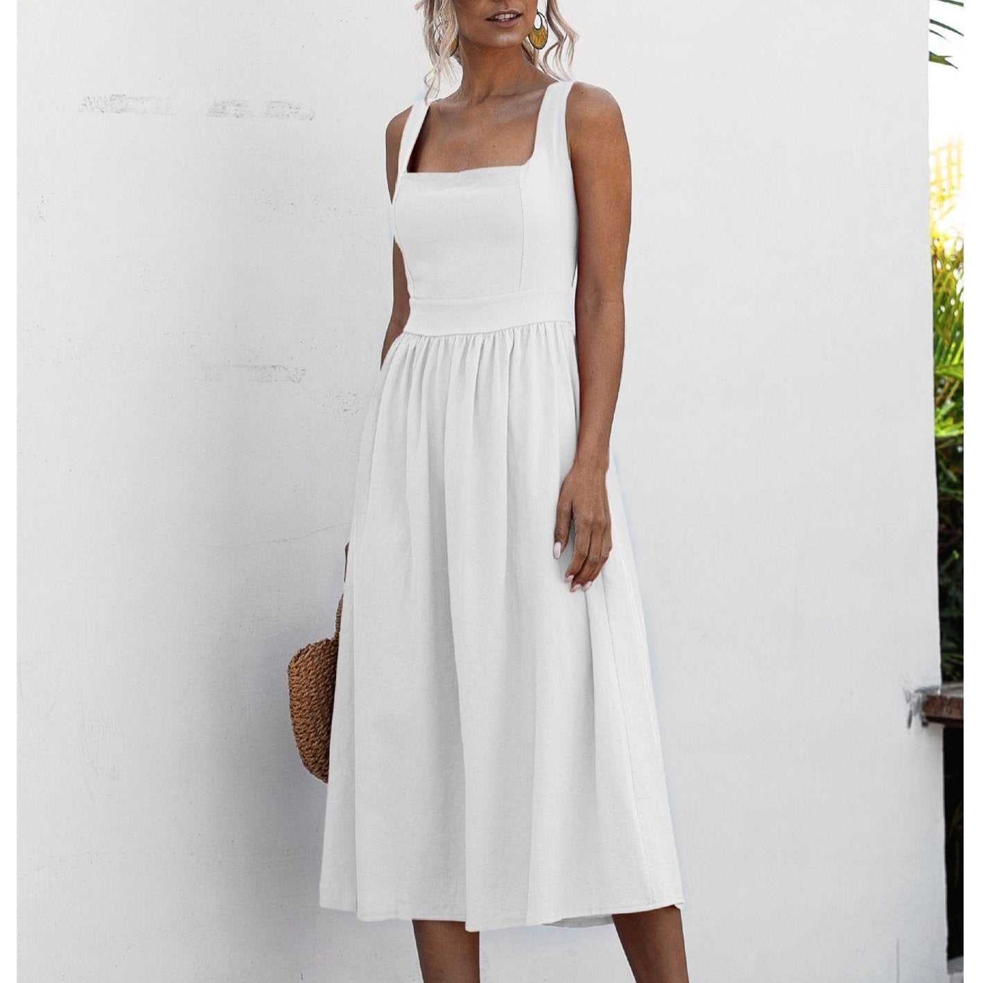 「lovevop」Women's Dresses Elegant Women Solid Midi Long Dress Summer Sexy Backless Slip Dresses Square Collar Ruched Fashion Party Boho Dresses