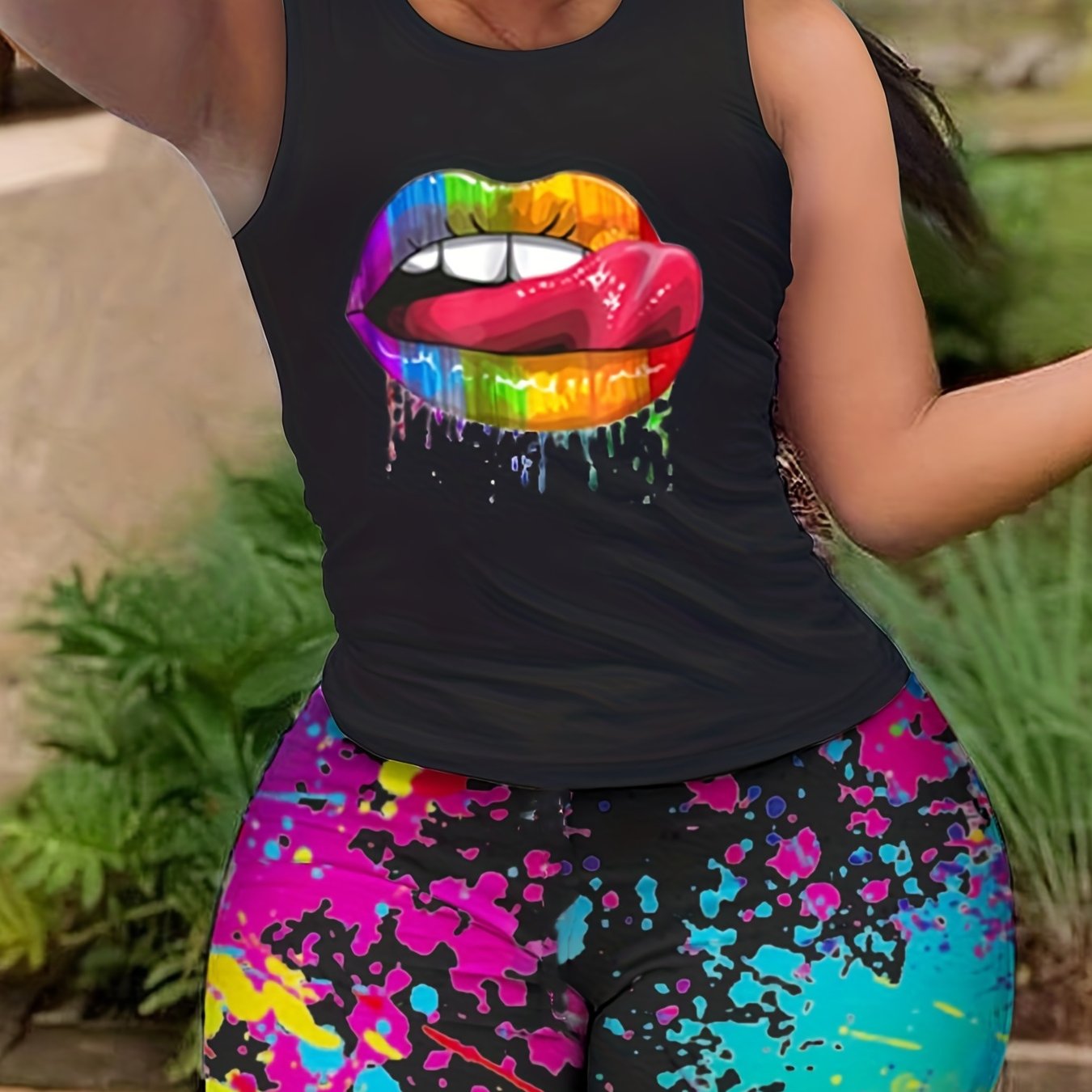 2 Pcs Chic Tie Dye Outfit Set - High Elasticity Crew Neck Sleeveless Tank Top & Abstract Print Shorts for Spring/Summer - Polyester Knit Fabric, Sexy Style, Random Printing, and Comfortable Wear