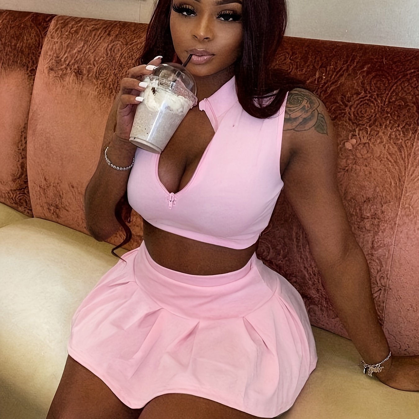 Alluring Solid Color Sleeveless Crop Top & Pleated Flare Skirt Set - Zip-up Lapel Collar, High Waist, Feminine Two-Piece Outfit for Women