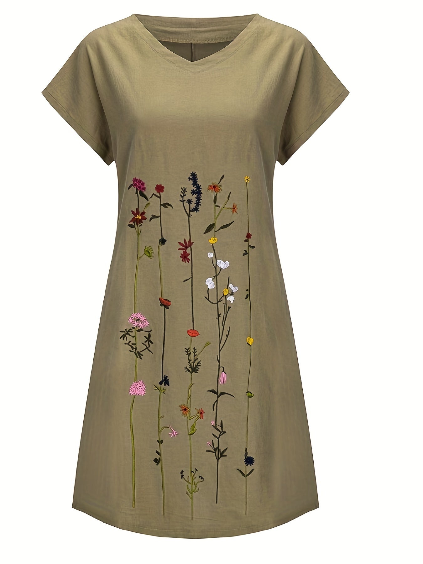 「lovevop」Floral Print V Neck Dress, Casual Short Sleeve Dress For Spring & Summer, Women's Clothing