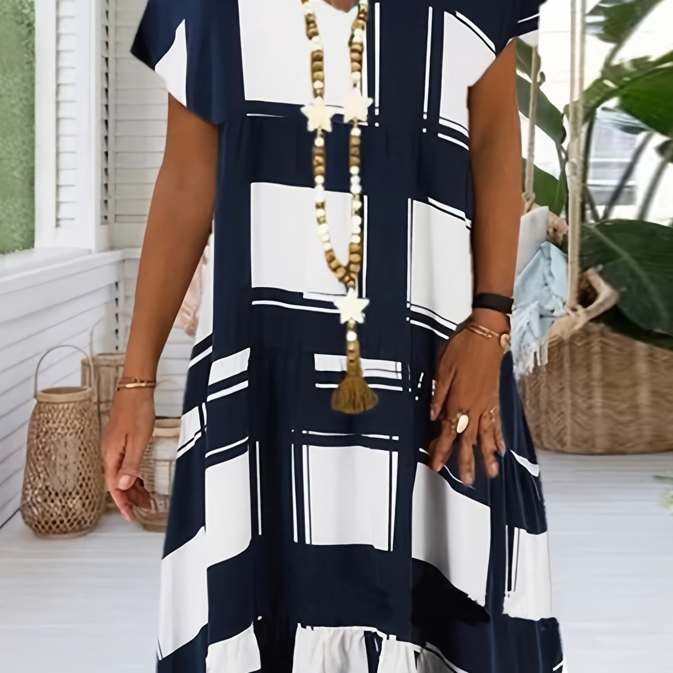 「lovevop」Casual Geometric Print Dress, Short Sleeve V-neck Loose Fashion Summer Dresses, Women's Clothing