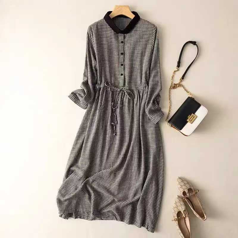 Lovevop Cotton And Linen Plaid Simple Lace Up Waist A-Line Dress
