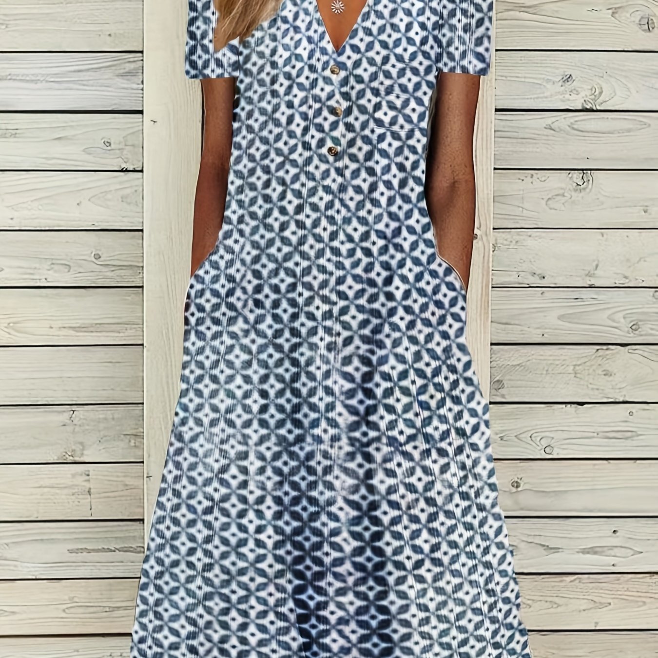 「lovevop」Allover Print Button Front Dress, Casual Short Sleeve Dress For Spring & Summer, Women's Clothing