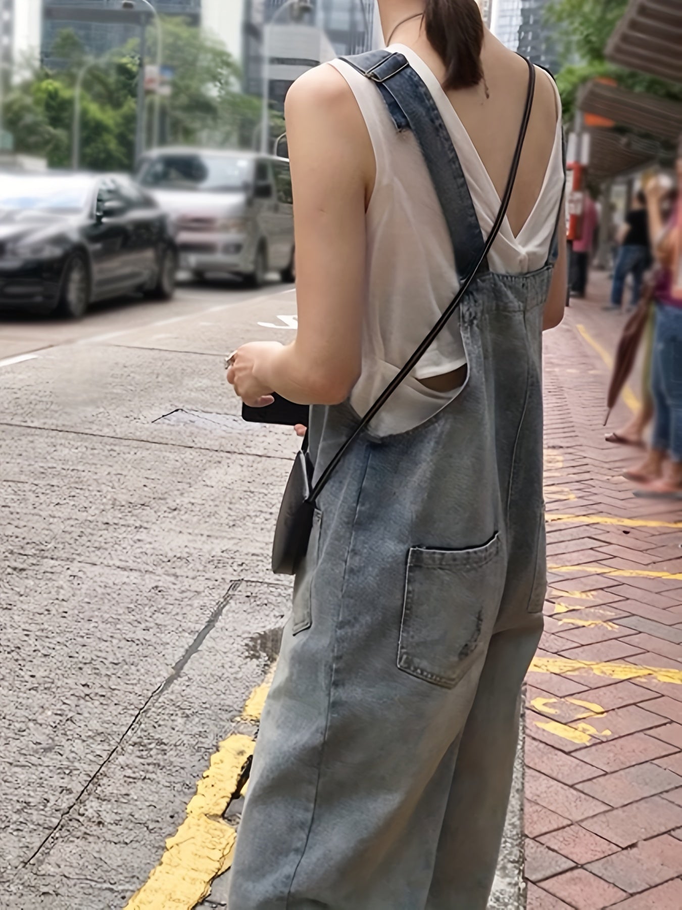 Lovevop-Blue Patch Pockets Denim Overalls, Loose Fit Non-Stretch Casual Denim Jumpsuit, Women's Denim Clothing