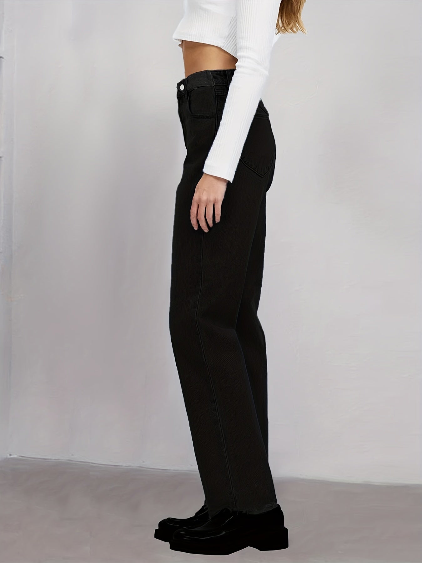 「lovevop」Black Raw Hem Straight Jeans, Non-Stretch Loose Fit Slash Pockets Denim Pants, Women's Denim Jeans & Clothing