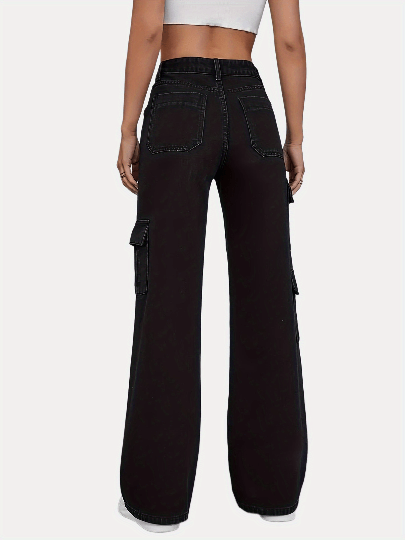 「lovevop」Flap Side Pocket Black High Waist Denim Pants, Cargo Pocket Casual Wide Leg Jeans, Stylish & Trendy, Women's Denim Jeans & Clothing