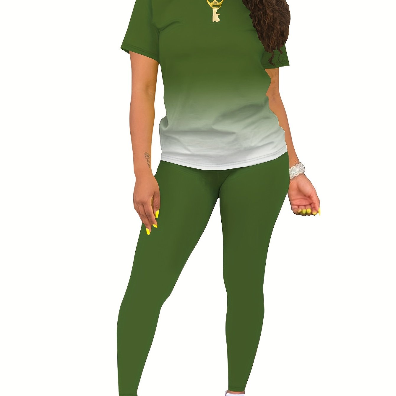 Two-Piece BLESSED Ombre Print Crew Neck Short Sleeve T-Shirt & High-Elasticity Skinny Leggings Set - Soft Polyester Fabric, Gradient Print, Positioning Printing, Casual Style, Perfect for Spring/Summer Season