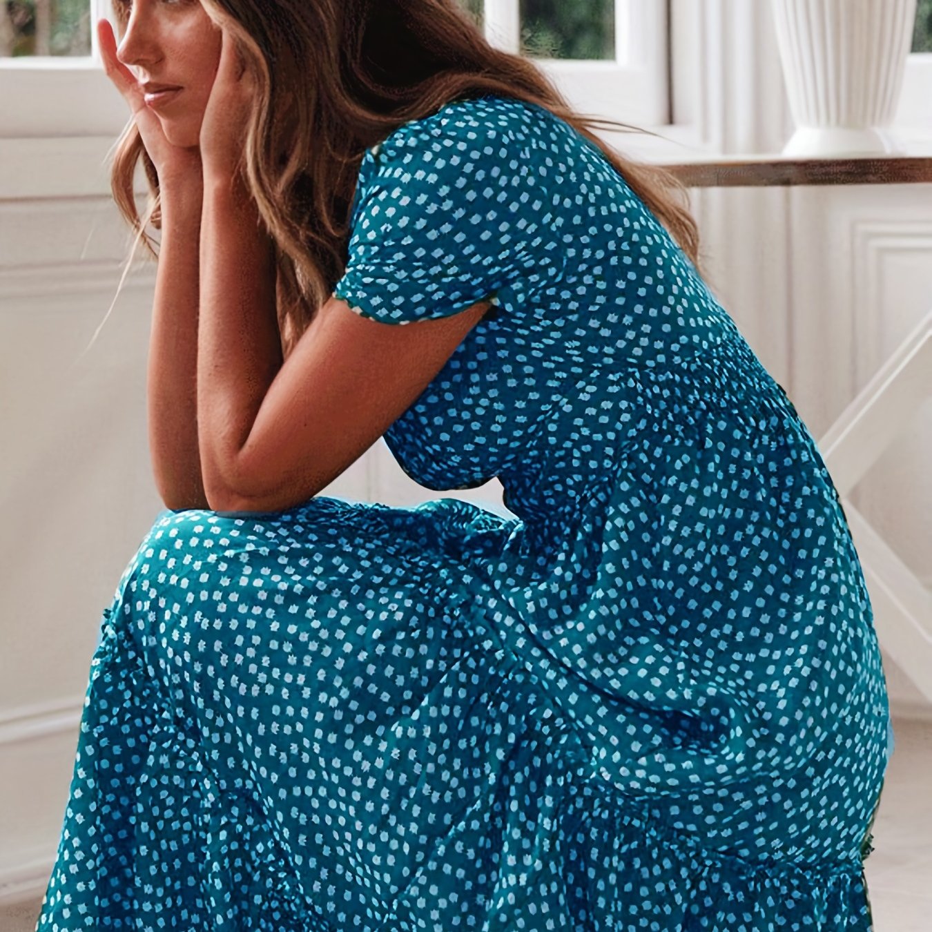 「lovevop」Floral Print Square Neck Dress, Boho Puff Sleeve High Waist Tiered Flowy Summer Maxi Dresses, Women's Clothing