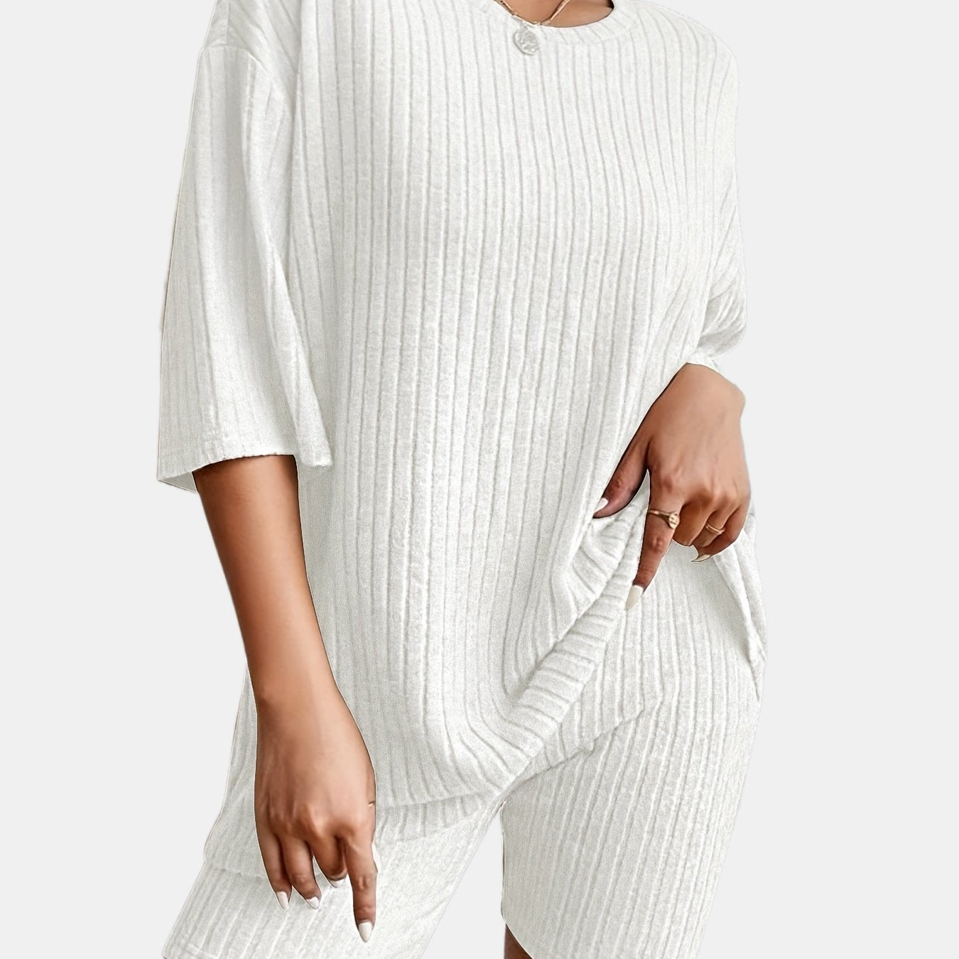 「lovevop」Minimalist Solid Ribbed Two-piece Set, Drop Shoulder Crew Neck Tops & Slim Shorts Outfits, Women's Clothing