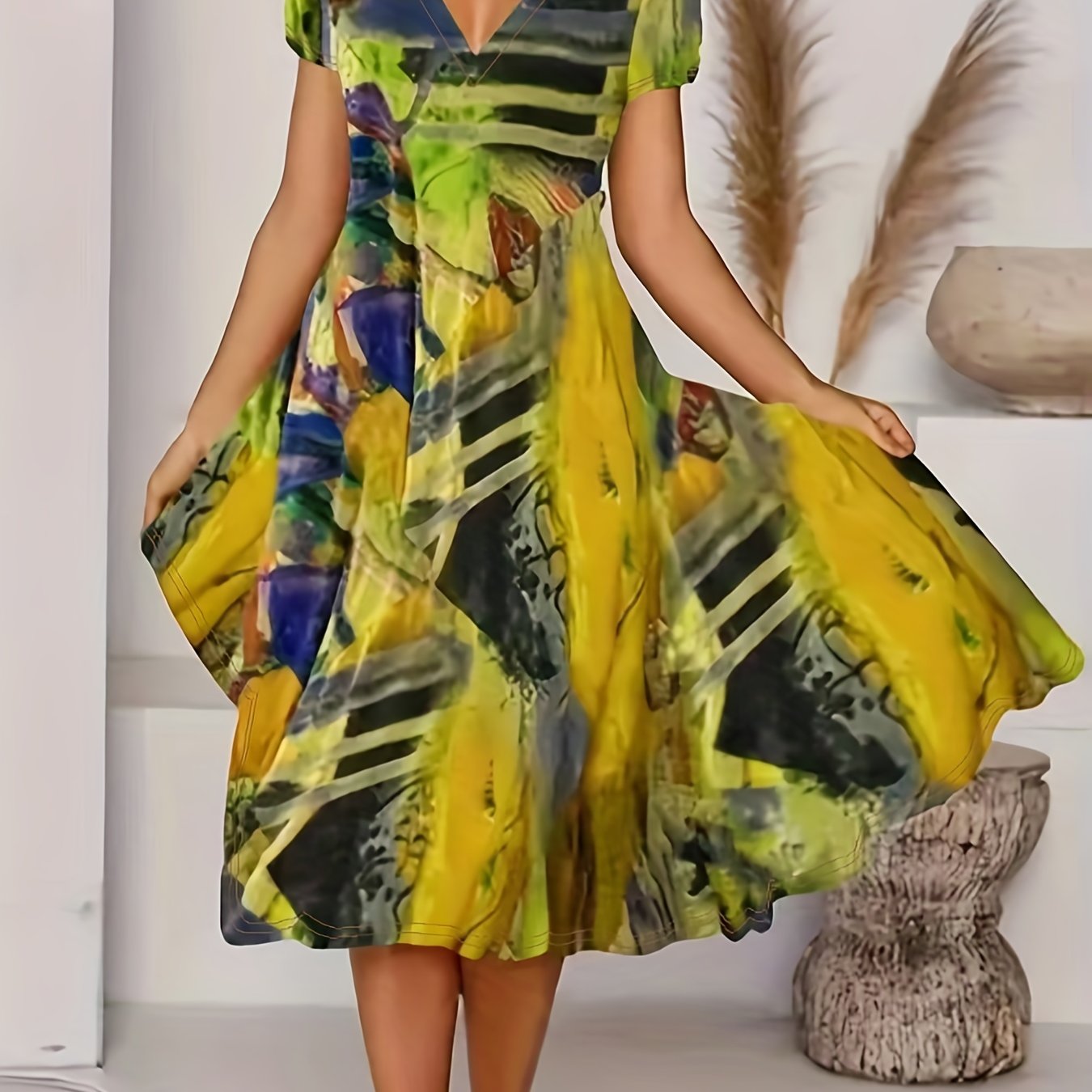 「lovevop」Short Sleeve V Neck Dress, Bohemian Casual Dress For Summer & Spring, Women's Clothing