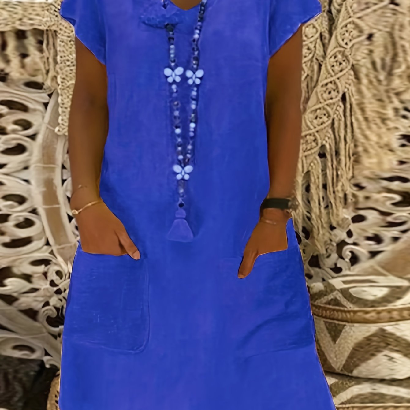 「lovevop」Solid V Neck Dress, Casual Short Sleeve Simple Summer Dress, Women's Clothing