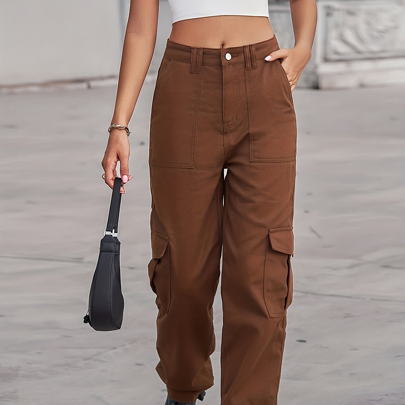 「lovevop」Loose Fit Cargo Denim Pants, Flap Pockets Mid Waist Straight Legs Denim Pants, Y2K & Kpop Style, Women's Denim Jeans & Clothing