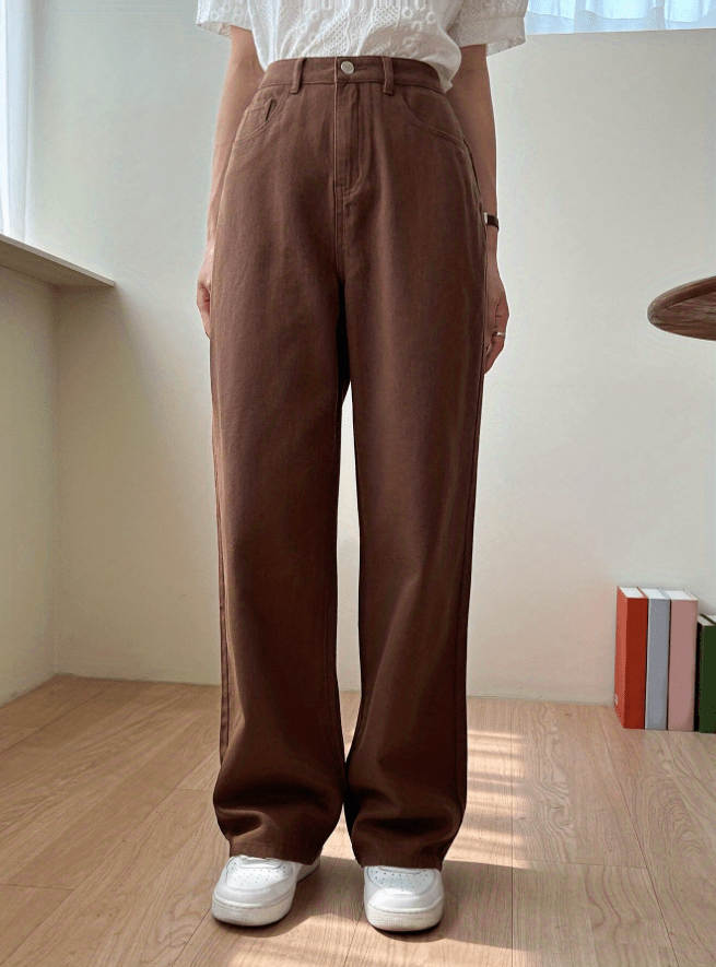 「lovevop」Brown Loose Fit Straight Jeans, Non-Stretch Slash Pockets Casual Denim Pants, Women's Denim Jeans & Clothing