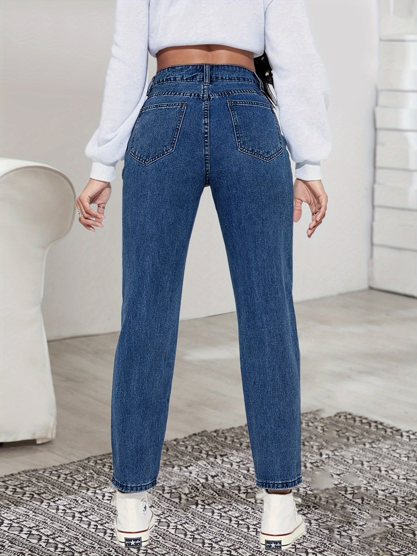 「lovevop」Blue High Waist Straight Jeans, High Rise Slash Pockets Non-Stretch Denim Pants, Women's Denim Jeans & Clothing