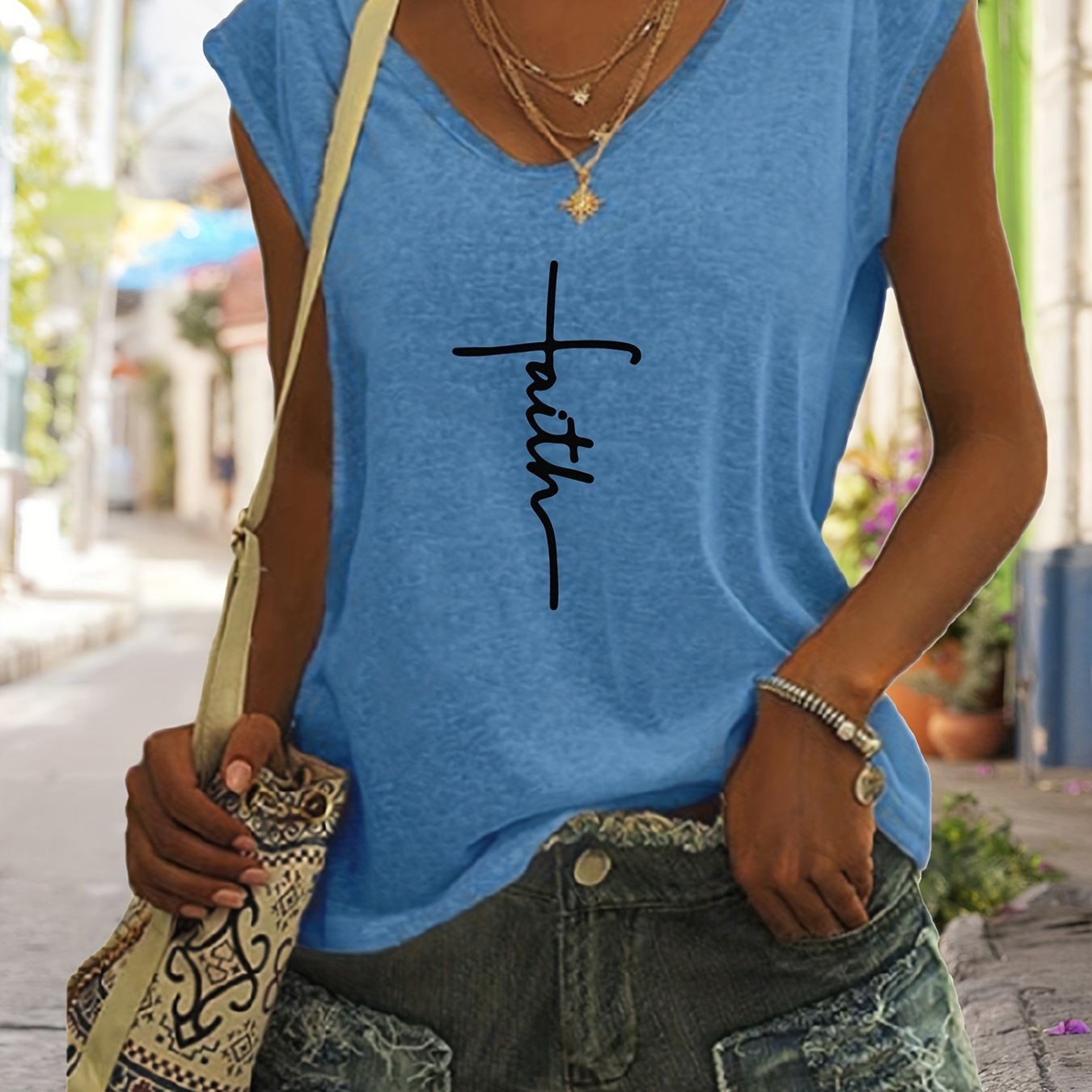 「lovevop」Faith Letter Print Tank Top, Sleeveless V Neck Casual Top For Spring & Summer, Women's Clothing